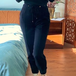 BEBE Formal High Waist Black Joggers with Gold Grommet Tie